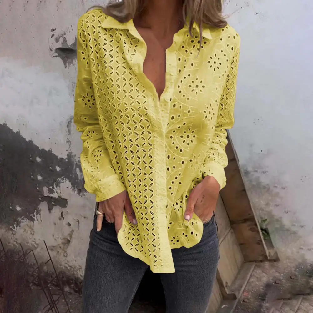 Camicia a maniche lunghe elegante camicia con risvolto con motivo floreale cavo per donna manica lunga tinta unita vestibilità ampia Top da lavoro con singolo