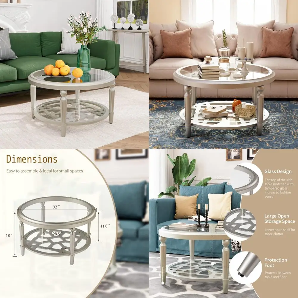 

SUNBURY 32-inch Round Glass Coffee Table - Light and Stylish Side Table for Living Spaces and Dining Rooms