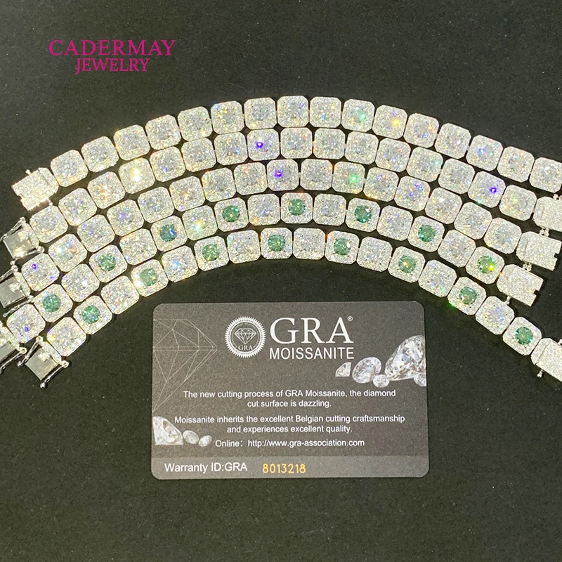 HipHop Jewelry 925silver 10mm Square Clustered Iced Out Green Mixed White Moissanite Bracelet Rock Candy Moissanite Tennis Chain view 4