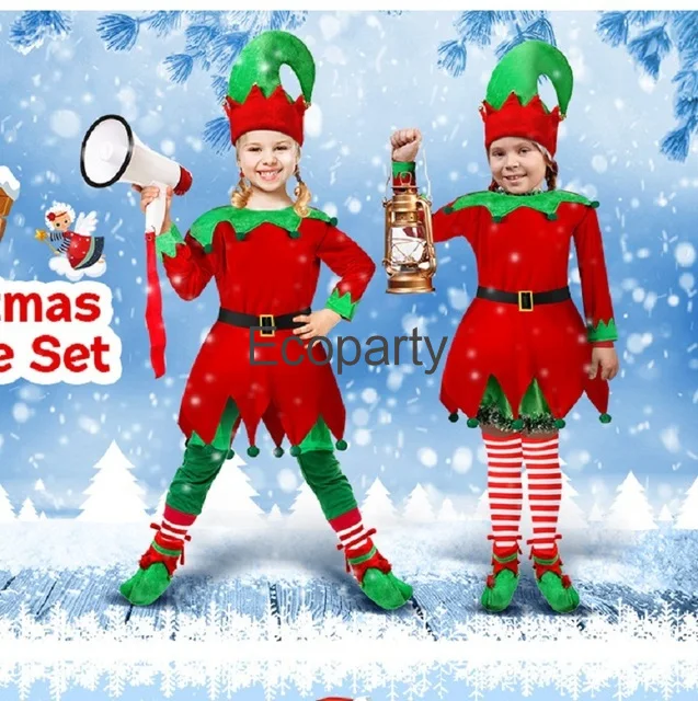 Girls Christmas Elf Costume Women Xmas Santa Claus Helper Cosplay Dress Adults Kids Family Christmas New Year Party Outfits Sets