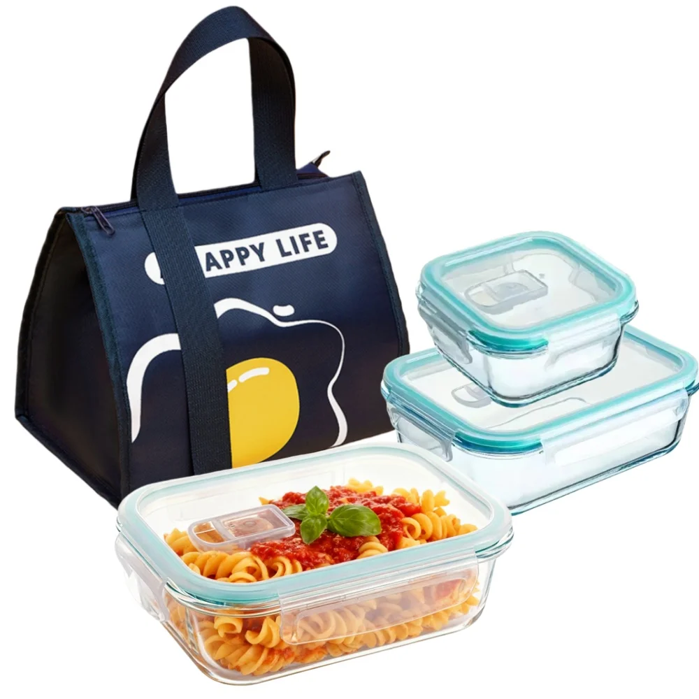 Lunchbox für die Zubereitung von Mahlzeiten aus Glas, Aufbewahrungsbehälter für Lebensmittel mit feststellbaren Deckeln, luftdichte Bento-Box, Mikrowellenherd, Spülmaschine