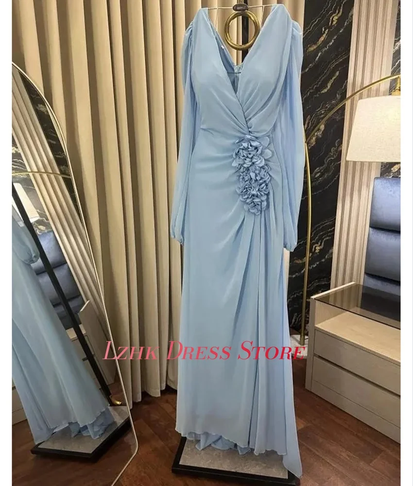 Abito da sera personalizzato con fiori 3D a sirena in chiffon di alta qualità Grazioso maniche lunghe con scollo a V Abiti da celebrità lunghi fino al pavimento