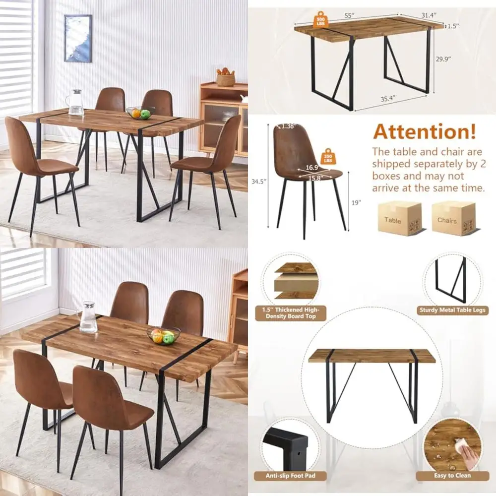 Four-Person Dining Table Set with 55" Table and Suede Fabric Chairs