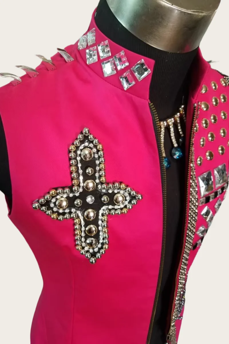 Customized Men\'s Rose Rivets Crystals Vest Costumes Club Stage Show Dance Wear Nightclub Male Singer DJ Catwalk Performance Coat