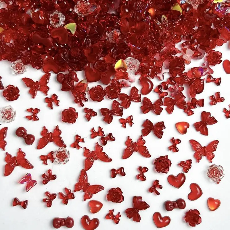Solid Color Bows Heart Mixed Nail Art Charms 3D Jelly Red Series Butterfly Camellia Nail Decorations for DIY Hairpin Nail Crafts