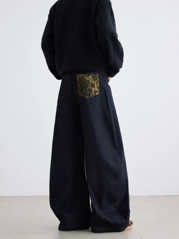 2026 Trend Y2K Style Dark Blue Leopard Patchwork Baggy Jeans Pants For Men Clothing Casual Straight Denim Trousers Moda Hombre