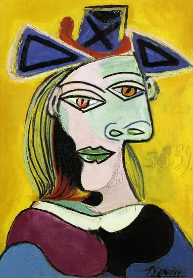 

100% Handmade High Quality Oil Painting Reproduction on Linen Canvas,Tete de femme au chapeau bleu a ruban rouge by Picasso