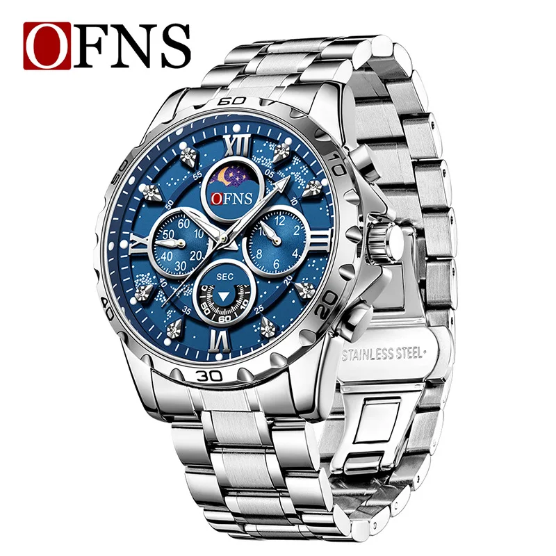 

Мужские кварцевые часы OFNS с шестизвенными стрелками, стальным ремешком, модные, простые, светящиеся, водонепроницаемые