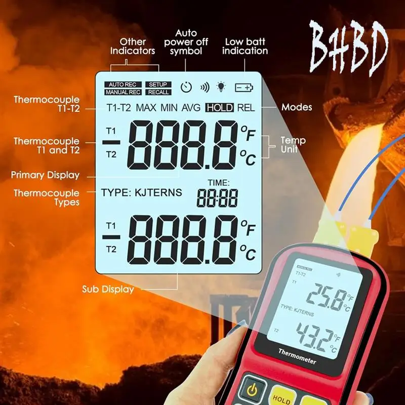 

BHBD-Digital Thermocouple Thermometer, Dual Channel Thermometer With Two K Type Probes LCD Display Temperature Meter
