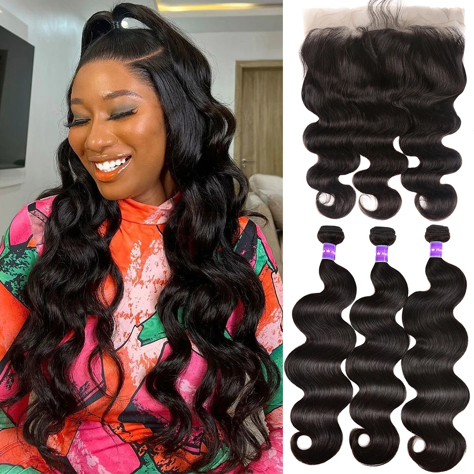 

Brazilian Hair Body Wave Bundle With 13x4 Lace Frontal 100% Human Hair Extensions 3 Bundles With 4x4 Lace Closure Shuangya Hair