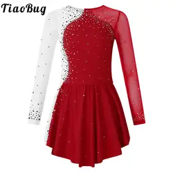 Kids Girls Long Sleeve Shiny Rhinestone Ballet Dance Dress Mesh Splice Figure Ice Skating Dress Stage Performance Costumes