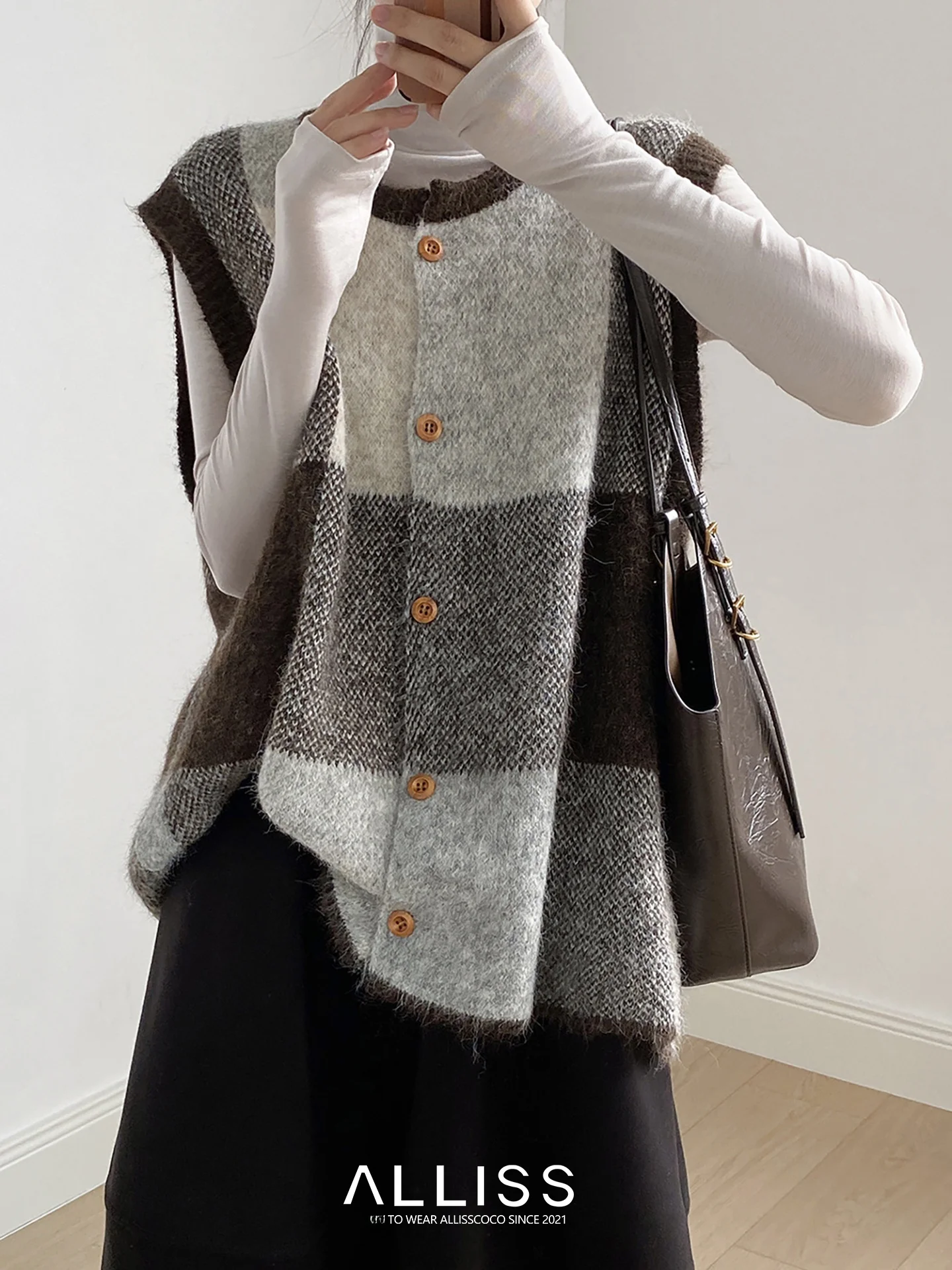 Retro kleur blo geruit gebreid vest dames losse ronde Ne Svel trui vest open vest oulder top