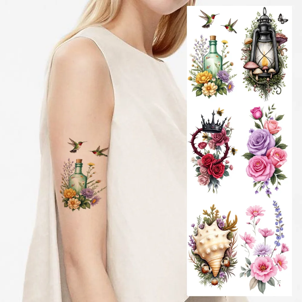 

9pcs Temporary Tattoo Rose Bouquet Temporary Tattoo Stickers Floral Tattoo Frog On Fountain For Male Adult Back