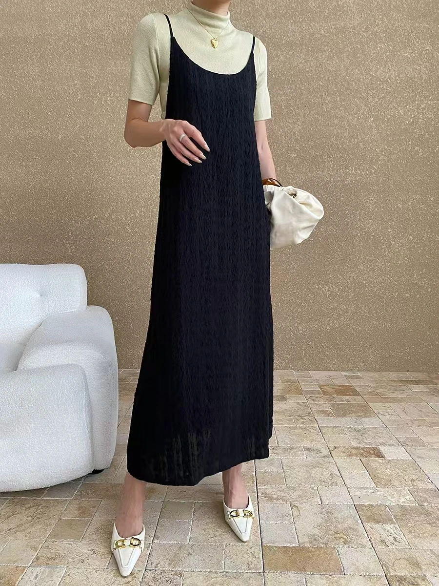 Vestido longo francês Drape, textura simples, camadas, temperamento, fundo fino