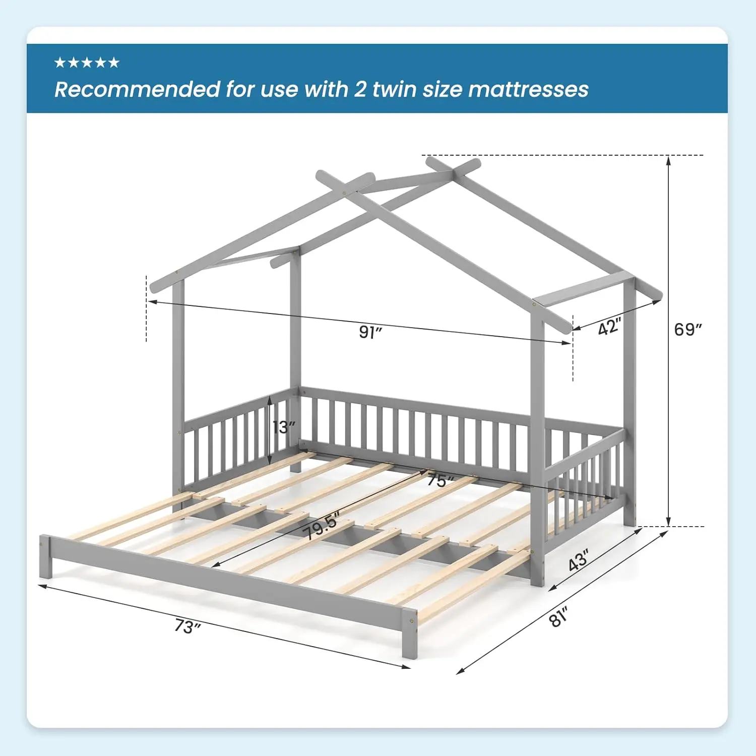 Giantex Wood House Bed For Kids, Twin To King Extendable Daybed With Roof & Fence Rails, Kids Bed For Teens, Boys & Girls, Twin