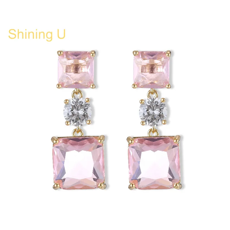 Shining U Square Purple Pink Green Gems Dangle Earrings for Women Fashion Jewelry Summer