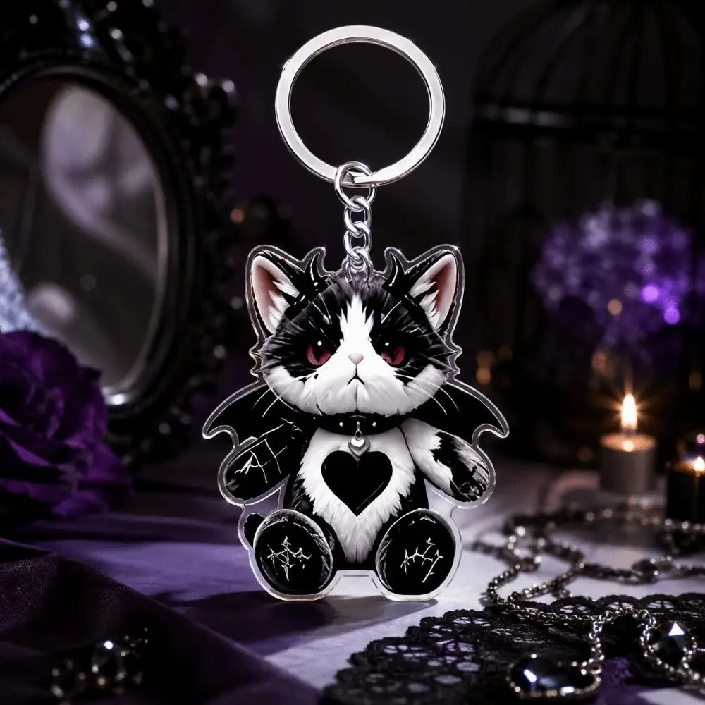 2D Flat Design Acrylic Keychain Wounded Cat Style Y2K Style Kitten Pendant Acrylic Material Spooky Design Gothic Keychain