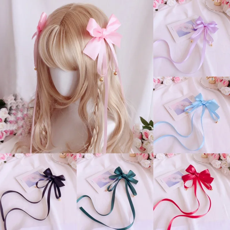 

2pcs Hot Sale Long Ribbon Hairpin Sweet Lovely Lolita Hair Accessories Headdress With Bow Bells Cosplay Anime lolita Accessories