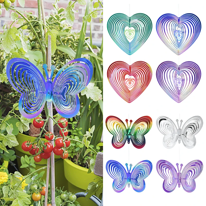 Gradient Color Bird Repellent Wind Turn 3D Reflective Heart-Shaped Butterfly Bird Drive Windmill Outdoor Garden Decor Pinwheels