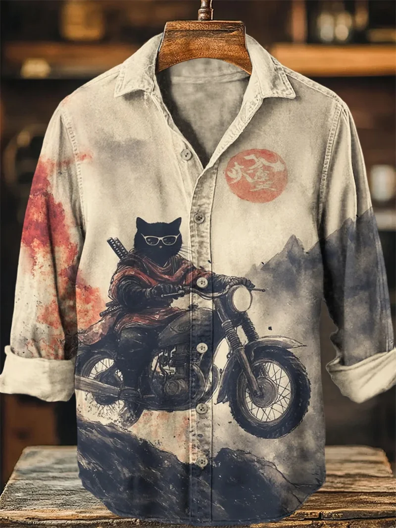 

New Men's Vintage Casual Long Sleeve Shirt Fashion Flowers High Quality Simple Linen 3D Bird Art Printed Shirt Top