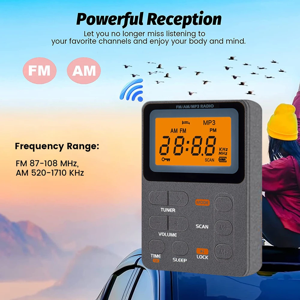 Radio Saku AM/FM Radio Portabel Mini Penyetelan Digital Radio Walkman dengan Earphone Stereo LED Pemutar Musik MP3 Langsung