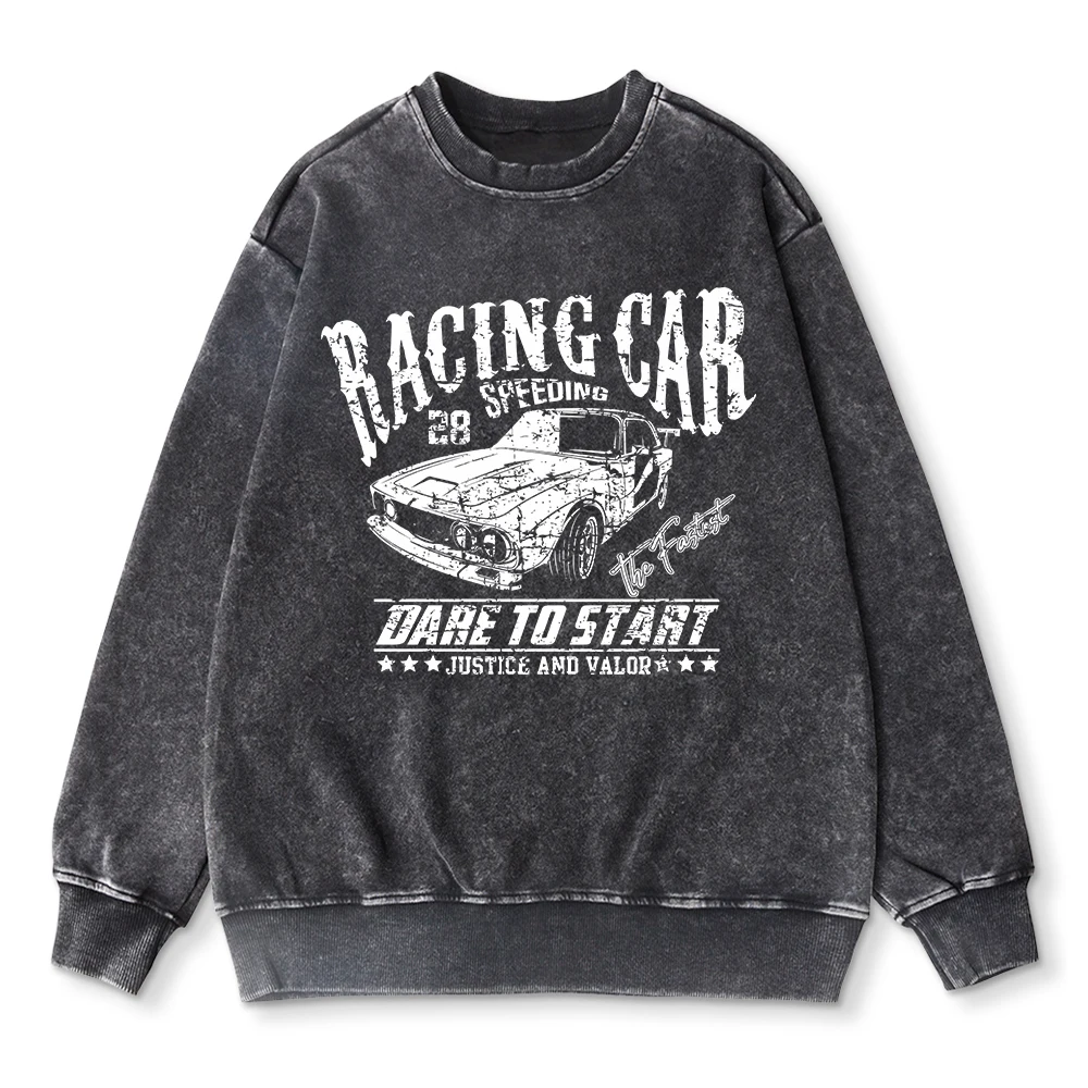 Oversize Men Woman Washed Sweatshirt Racing Car Dare To Start Printing Hoodies Autumn Warm Cotton Pullover Couple Casual Clothes