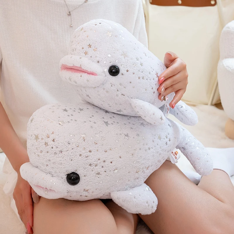 Glitter Star White Beluga Whale Plush Toy, 2 Sizes Cute Sparkly Dolphin Stuffed Doll, Soft Fluffy Sea Animal Plush Pillow Gift.