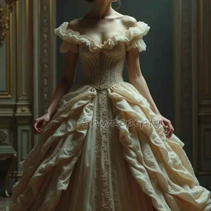 วินเทจวิคตอเรียพรหมชุดนัวเนียปิดไหล่เจ้าหญิงโอกาสพิเศษชุดแชมเปญรัดตัวชุดราตรีที่กําหนดเอง