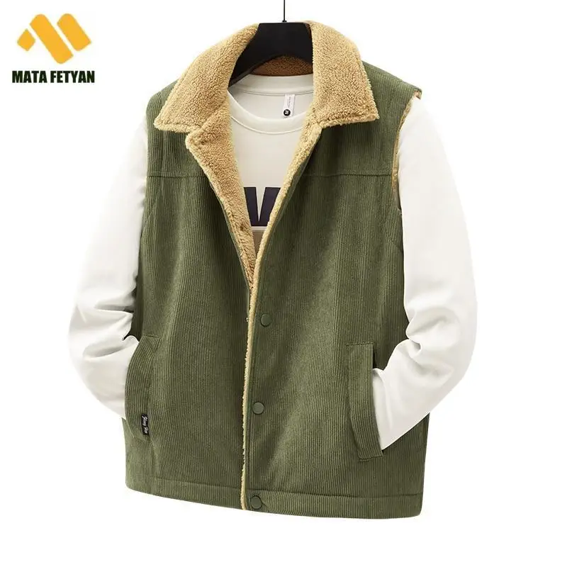 

2024 зимняя винтажная рабочая одежда, вельветовый жилет, утепленная куртка из овечьей шерсти, большая майка, повседневное мужское универсальное пальто