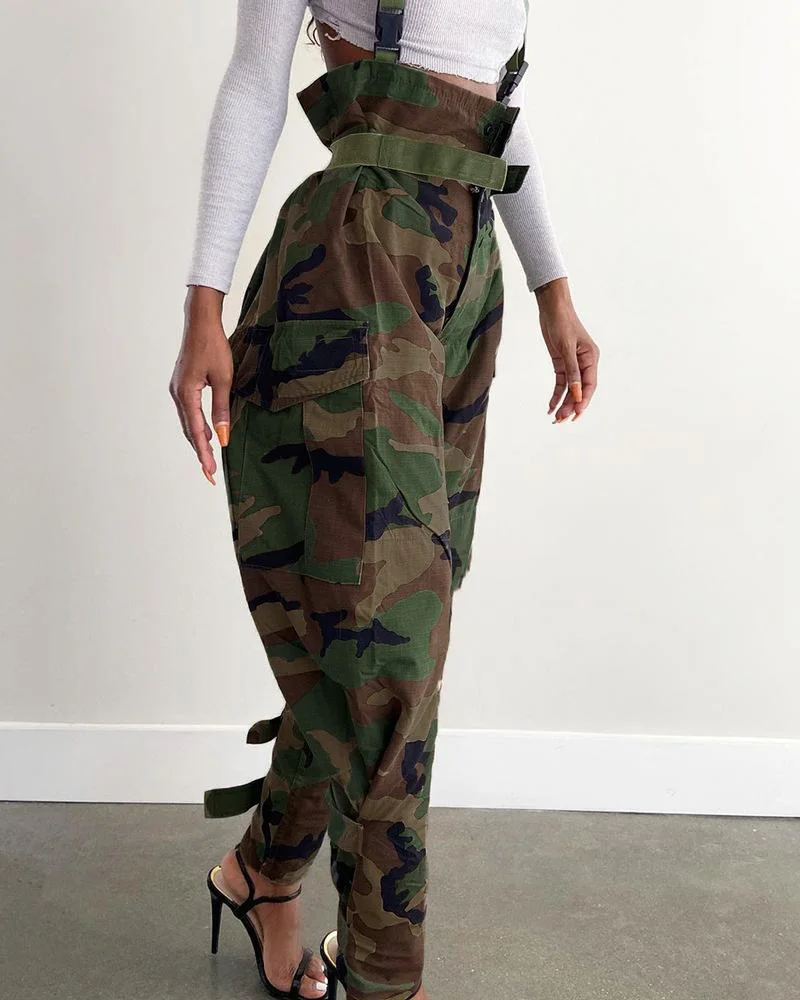 Spring Women Camouflage Print High Waist Cargo Pants 2023 New Femme Suspender Pocket Design Loose Trousers Lady Clothing traf