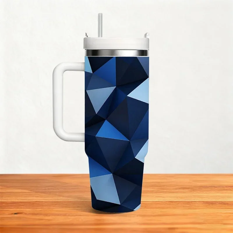 40oz Stainless Steel Insulated Tumbler with Digital Printed Blue Low-Poly Geometric Triangle Pattern, Modern Stylish Drink Container for Daily Commute, Office & Outdoor Beverage Use
