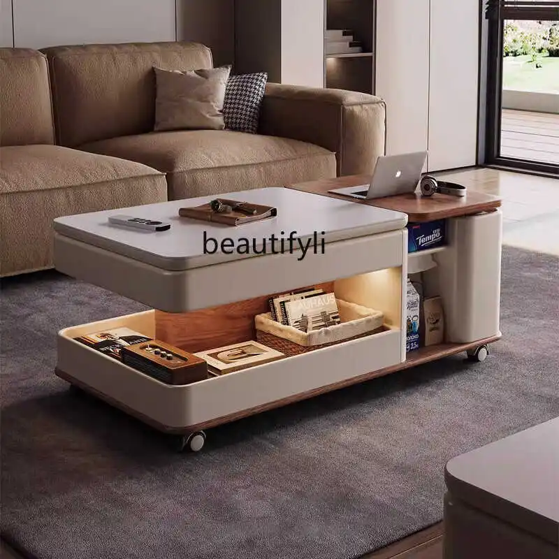 Living room coffee table household modern simple  light luxury high-end new movable lifting rock slab multi-functional table