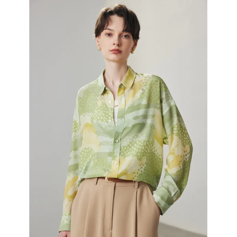 Green Printed 100% Real Silk Shirts Women Spring Summer Loose Casual Elegant Blouse Tops