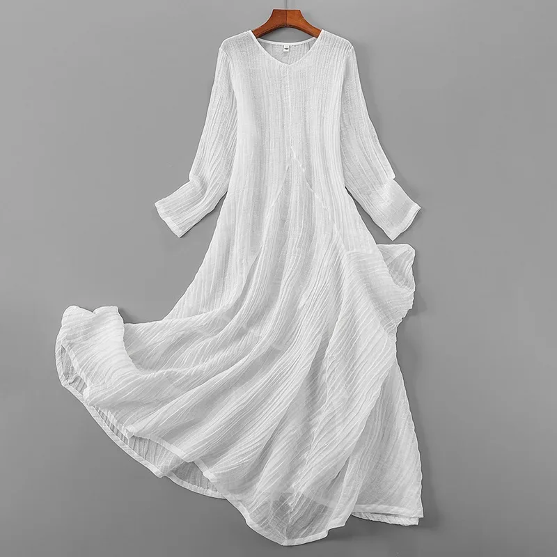 

Retro cotton and linen Zen dance costume, ramie round neck long sleeved dress, women's loose fitting Zen costume, artistic long