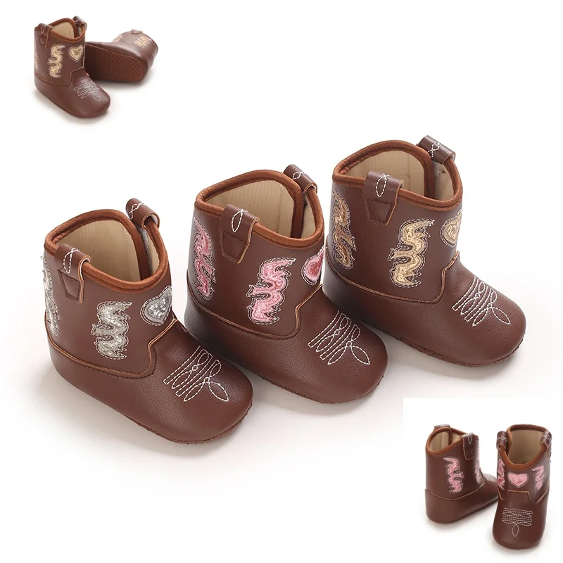 Baby Cowboy Boots Embroidery Soft Sole Baby Shoes Non‑Slip First Walkers Infant Toddler Booties Newborn Prewalker Shoes  0-18M