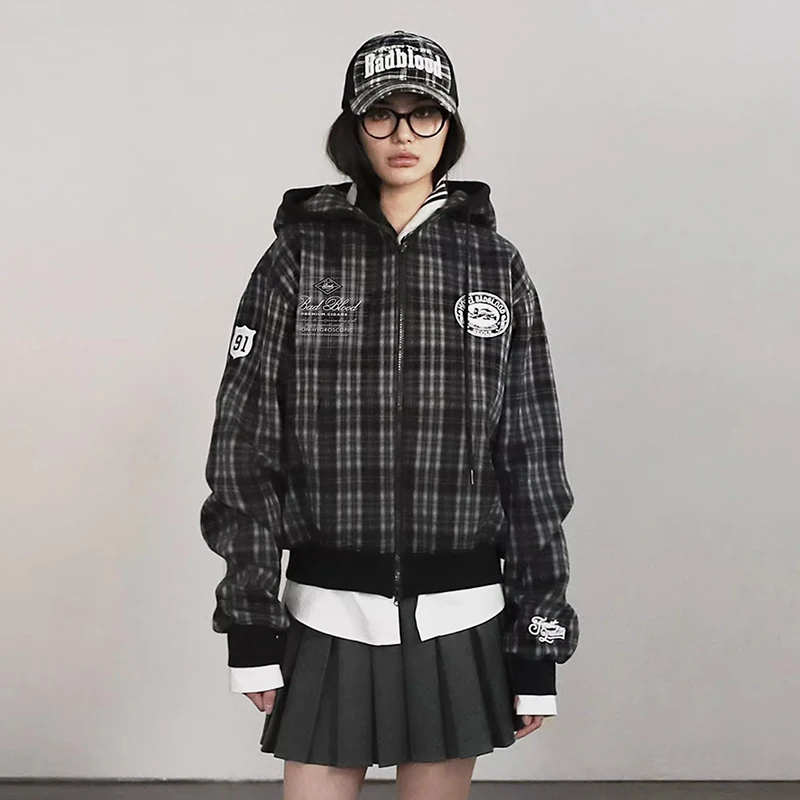 Sweat à capuche à carreaux rouge rétro américain pour femmes, Sport décontracté, coupe ample, brodé, longue fermeture éclair, printemps-automne