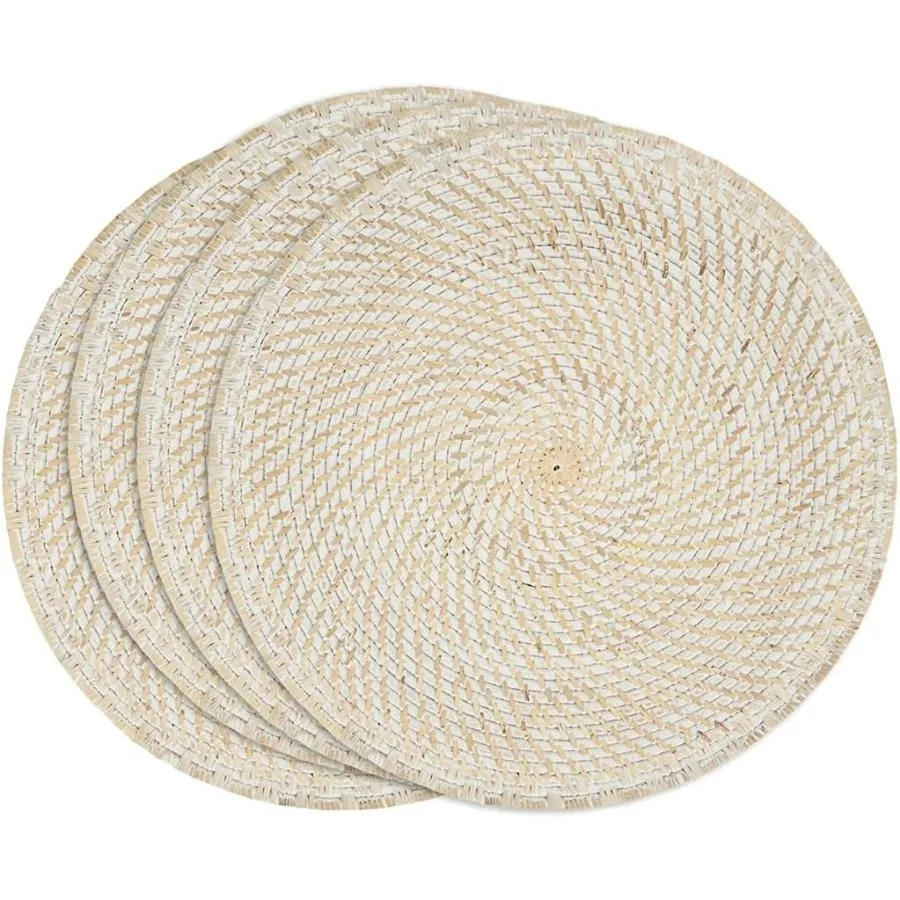 

HandWoven Rattan Placemats 15 Round Set of 4 White Table Mats for Home Decor Dining Table Banquet Farmhouse Everyday Use and Sp
