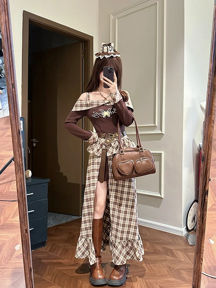 

Fabric Pig Half Sugar Mocha Amber Glow One Shoulder Dress Women's Autumn Beauty Rayden Tartan Skirt Retro Style Casual Date