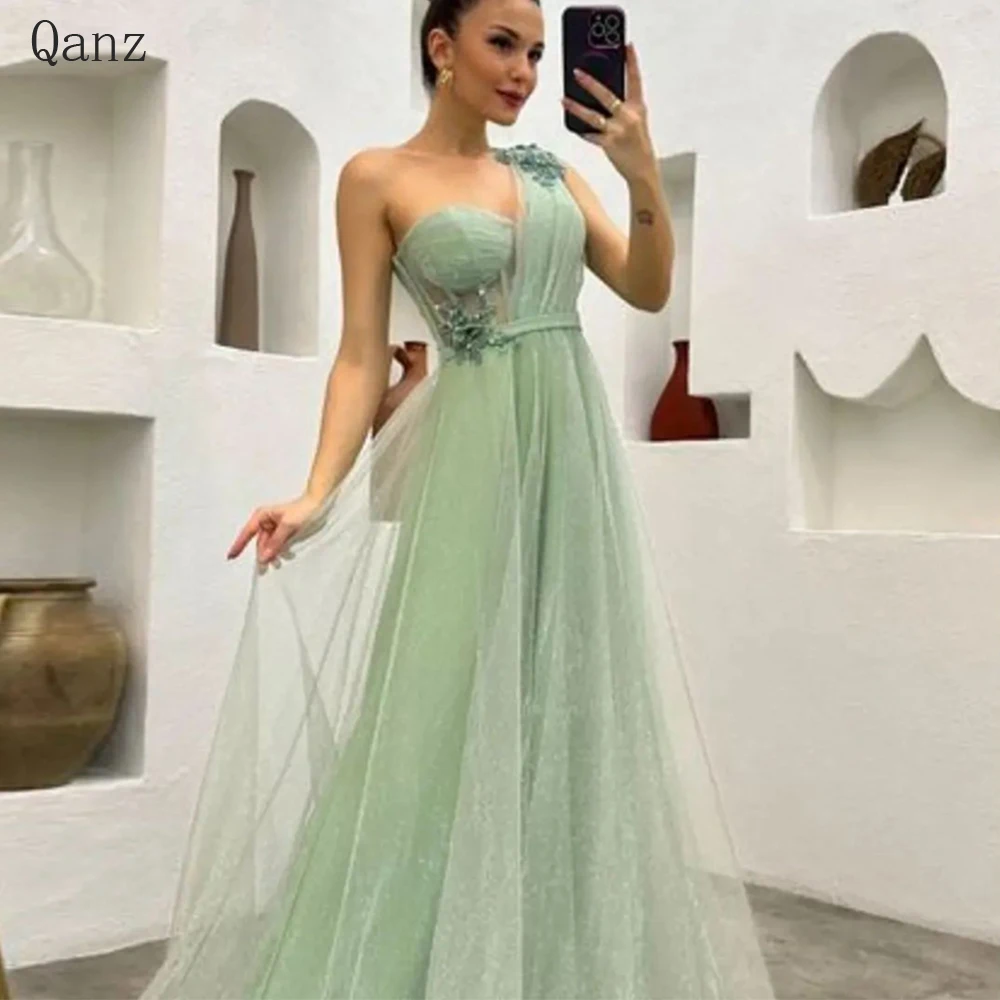 Qanz-Mint Verde Um Ombro Plissado A Linha Longo Prom Vestidos, Vestidos de Tule, Zipper Voltar, Appliques Baguetes, Formais Vestidos