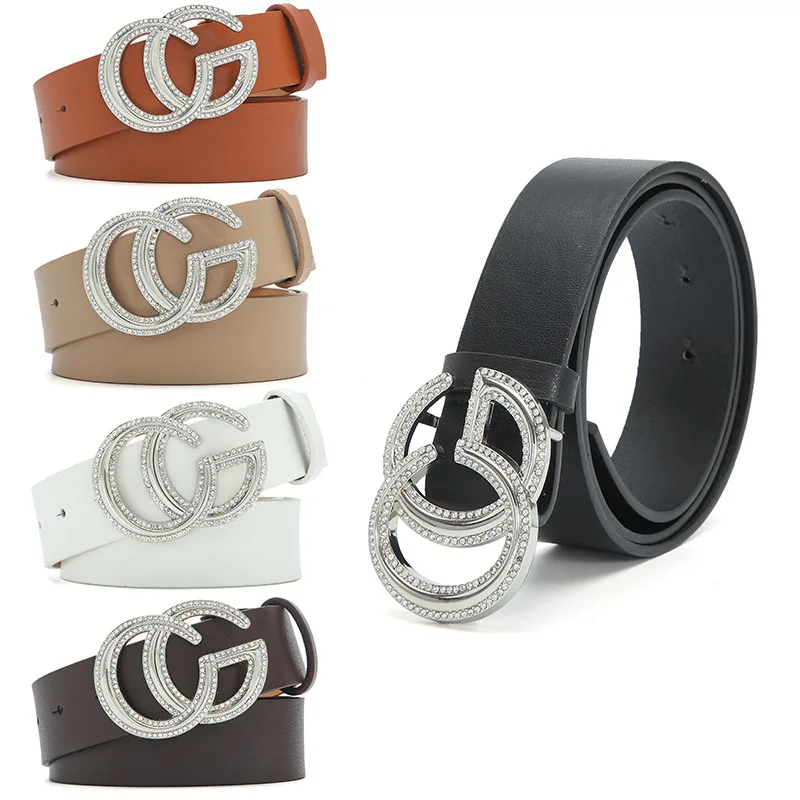 1pc Women's Belt Fashionable Rhinestone Inlaid Golden CC Buckle Belt Retro Hundred Paired Dress Jeans Belt Pu Leather Lady Belt