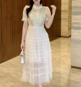 Chic vintage mesh sequin lace PATCHWORK Embroidery Dress Fashion korean fashion Slim summer puff dresses