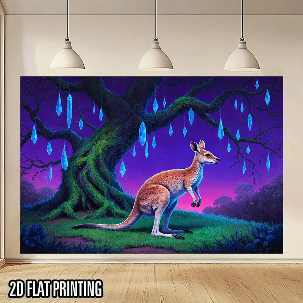 2D Flat, 1pc Kangaroo in Enchanted Forest Wall Tapestry - UV Printed Glowing-like Night Sky with Blue Droplets, Australian Wildl