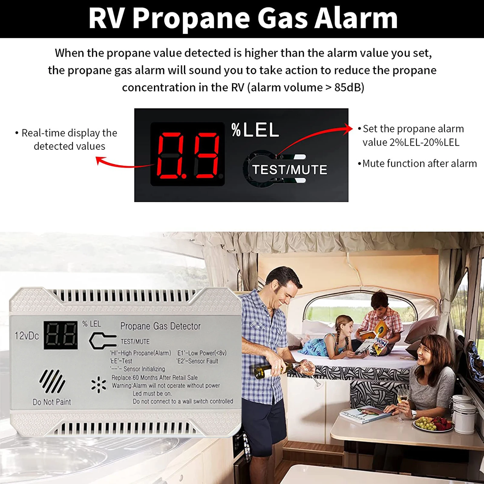 RV Propane Gas Detector 85dB Loud Alarm DC 12V Compact Design RV Propane Alarm for Trailer Camper Motorcoach Digital Display