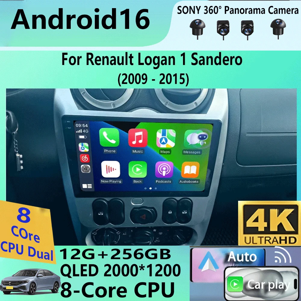 

Автомагнитола Android 16 2DIN мультимедийная для Lada Renault Logan 1 Sandero 2009-2015 Dacia Duster с Carplay и навигацией, головное устройство, стереосистема