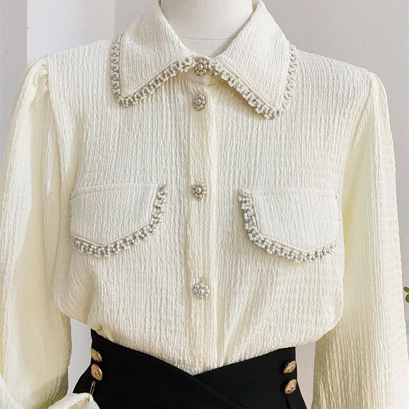 Luxury Beaded Stitch Shirts Blouses For Women\'s Spring Autumn New Fashion Beige Shirt Long Sleeve Office Lady Elegant Top