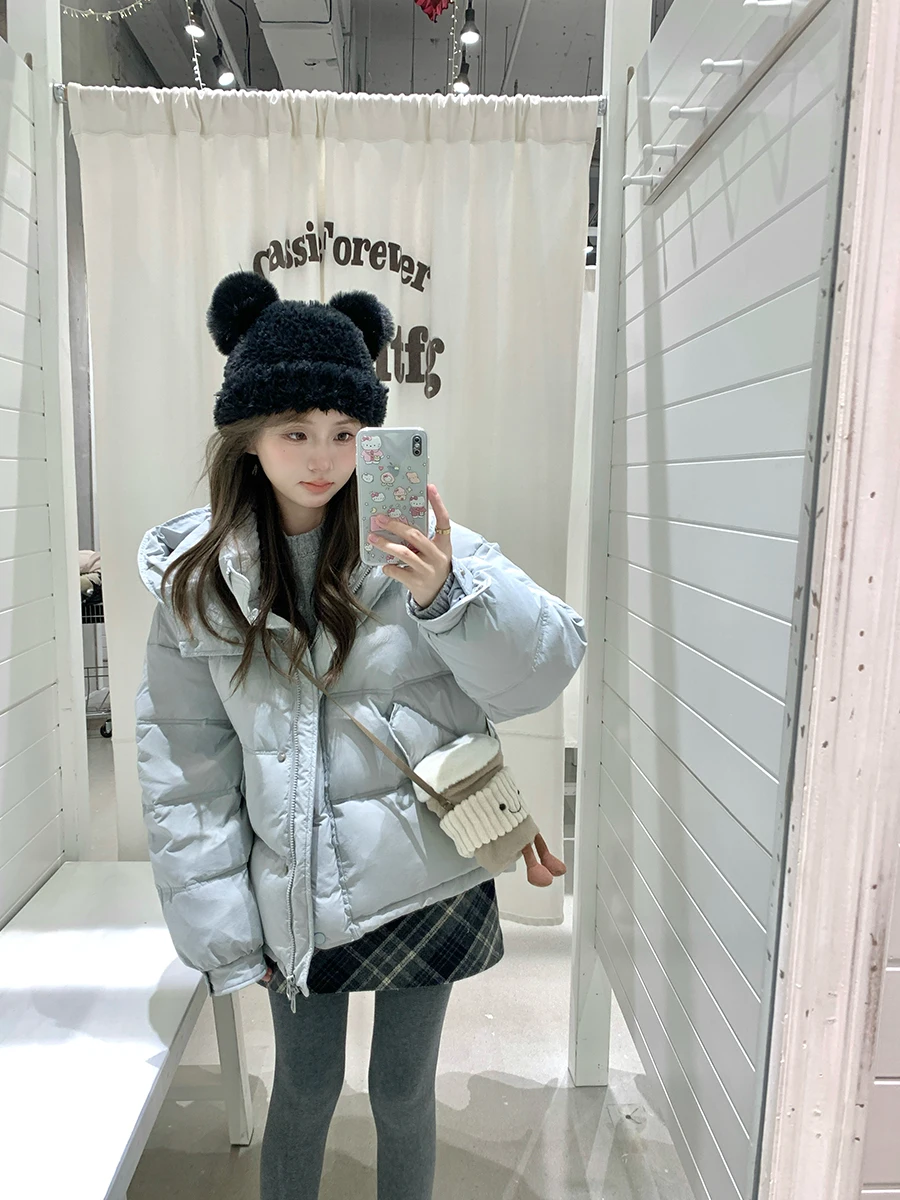

Ay Snow Thiened Bread Sle down Jaet Women's Casual Loose Fit ort Coat White Du Feather Hooded Four Panelled