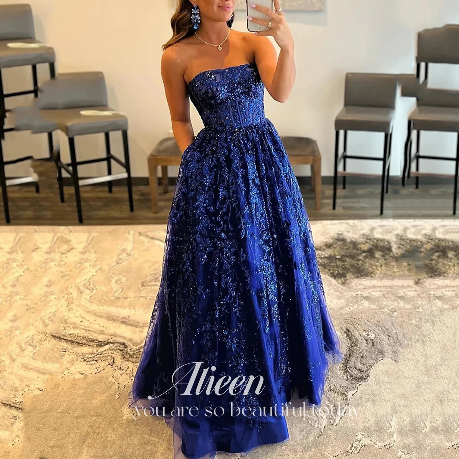 

AIleen Glitter Strapless فساتين مناسبة رسمية Sapphire Blue Prom Dress 2024 Luxury Lace Embroid A-line Vestidos De Noche Evening