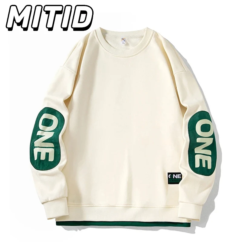 

Men Spring High Street Hoodies Autumn Long Sleeve Pullovers Elbow Letter Print Simple Design Clothing Hip Hop Streetwear Male