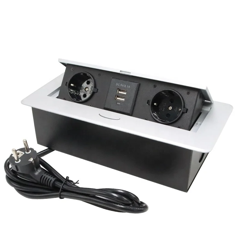 ZING EAR Hidden Silver USB Tabletop Power Socket Box with 2 Outlets 2 USB a Ports 16A Slow Lift Pop-Up Design EU Desktop Socket