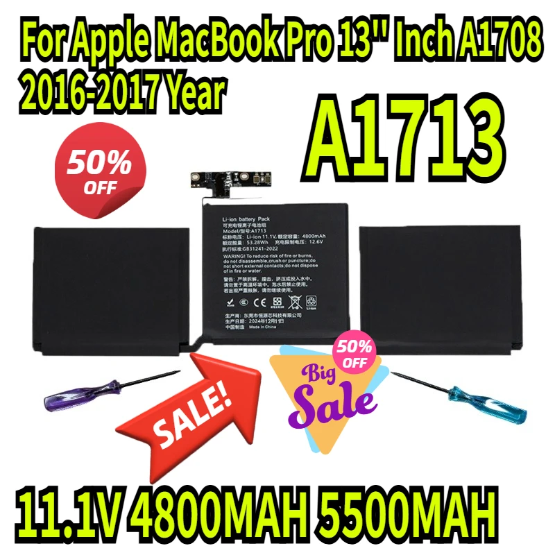 

A1713 Laptop Battery For Apple MacBook Pro 13'' Inch A1708 2016-2017 Year MPXQ2LL/A EMC2978 EMC3164 MLL42LL/A 020-00946 + tools